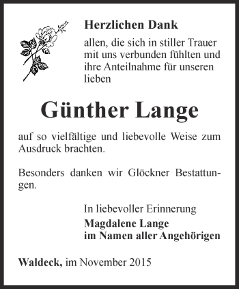 Traueranzeige von Günther Lange von Ostthüringer Zeitung