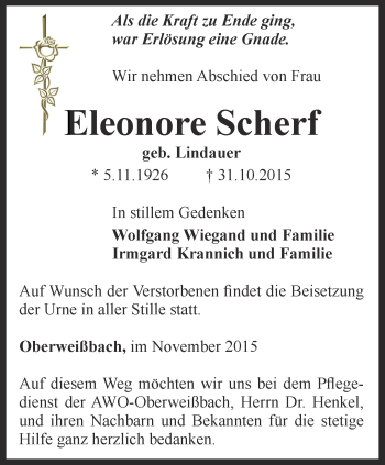 Traueranzeige von Eleonore Scherf von Ostthüringer Zeitung