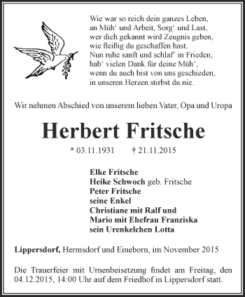 Traueranzeige von Herbert Fritsche von Ostthüringer Zeitung