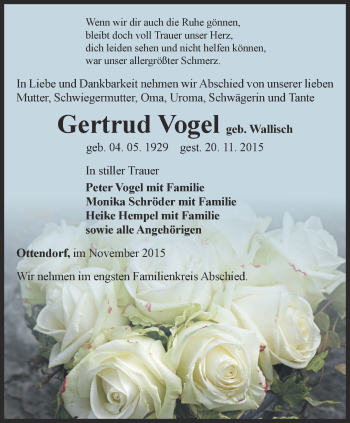 Traueranzeige von Gertrud Vogel von Ostthüringer Zeitung