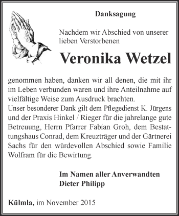 Traueranzeige von Veronika Wetzel von Ostthüringer Zeitung