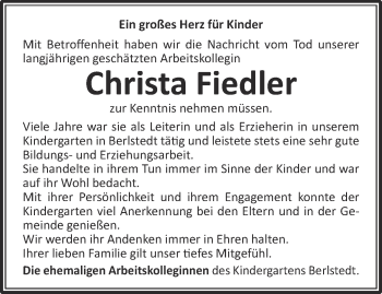 Traueranzeige von Christa Fiedler von Thüringer Allgemeine, Thüringische Landeszeitung