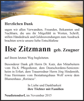 Traueranzeige von Ilse Zitzmann von Thüringer Allgemeine, Thüringische Landeszeitung