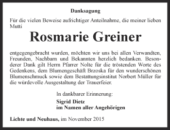 Traueranzeige von Rosmarie Greiner von Ostthüringer Zeitung