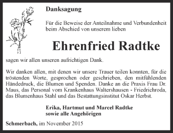 Traueranzeige von Ehrenfried Radtke von Ostthüringer Zeitung, Thüringische Landeszeitung