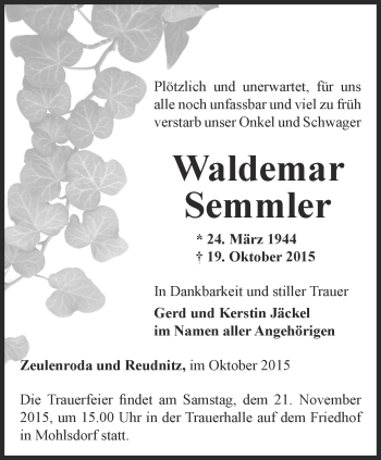 Traueranzeige von Waldemar Semmler von Ostthüringer Zeitung