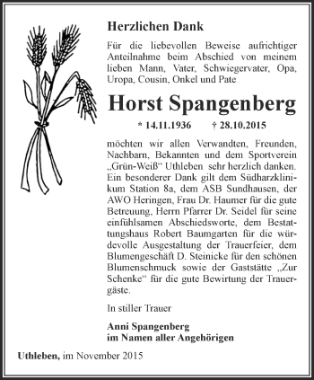 Traueranzeige von Horst Spangenberg von Thüringer Allgemeine