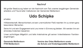 Traueranzeige von Udo Schipke von Ostthüringer Zeitung