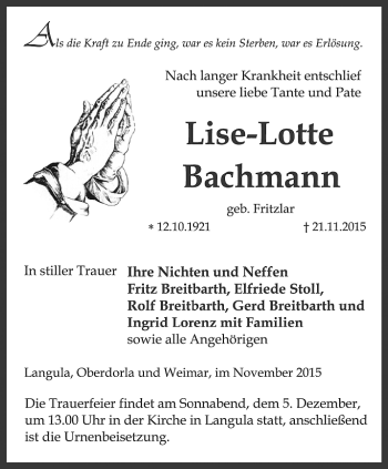 Traueranzeige von Lise-Lotte Bachmann von Thüringer Allgemeine, Thüringische Landeszeitung