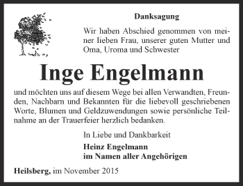 Traueranzeige von Inge Engelmann von Ostthüringer Zeitung