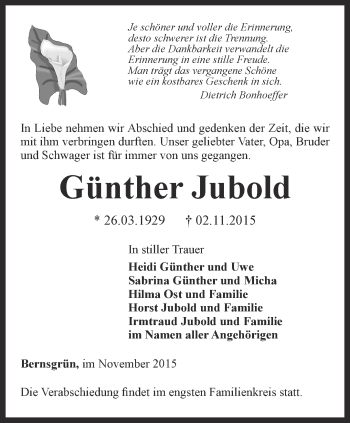 Traueranzeige von Günther Jubold von Ostthüringer Zeitung