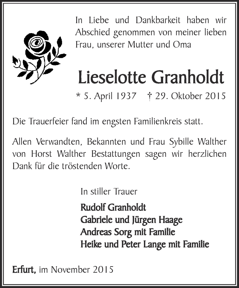  Traueranzeige für Lieselotte Granholdt vom 28.11.2015 aus Thüringer Allgemeine, Thüringische Landeszeitung