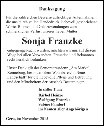 Traueranzeige von Sonja Franzke von Ostthüringer Zeitung