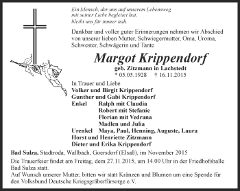 Traueranzeige von Margot Krippendorf von Thüringer Allgemeine, Thüringische Landeszeitung