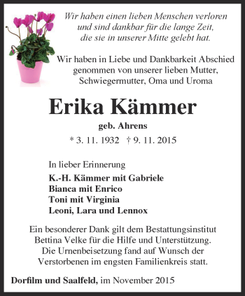 Traueranzeige von Erika Kämmer von Ostthüringer Zeitung