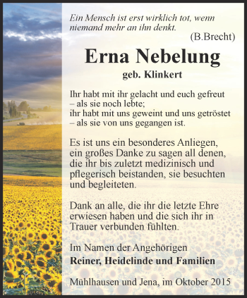 Traueranzeige von Erna Nebelung von Thüringer Allgemeine, Thüringische Landeszeitung