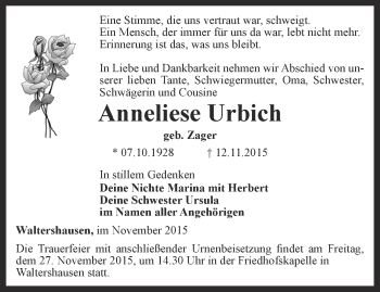 Traueranzeige von Anneliese Urbich von Ostthüringer Zeitung, Thüringische Landeszeitung