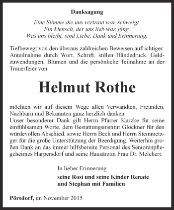 Traueranzeige von Helmut Rothe von Ostthüringer Zeitung