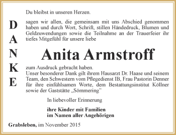 Traueranzeige von Anita Armstroff von Ostthüringer Zeitung, Thüringische Landeszeitung