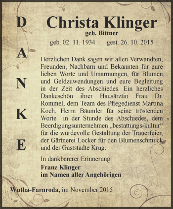 Traueranzeige von Christa Klinger von Thüringer Allgemeine, Thüringische Landeszeitung