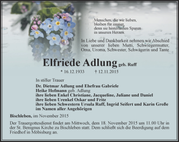 Traueranzeige von Elfriede Adlung von Thüringer Allgemeine, Thüringische Landeszeitung