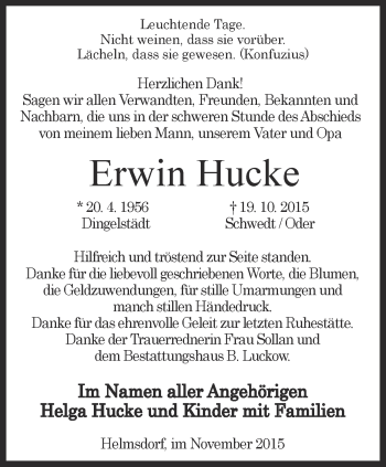 Traueranzeige von Erwin Hucke von Thüringer Allgemeine
