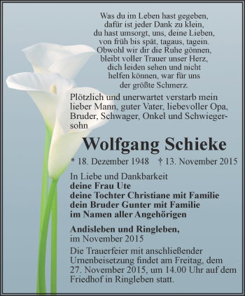 Traueranzeige von Wolfgang Schiek von Thüringer Allgemeine, Thüringische Landeszeitung