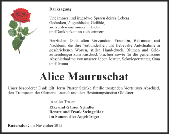 Traueranzeige von Alice Mauruschat von Ostthüringer Zeitung