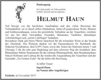 Traueranzeige von Helmut Haun von Ostthüringer Zeitung