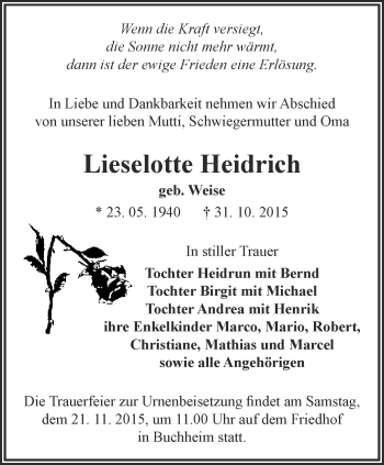 Traueranzeige von Lieselotte Heidrich von Ostthüringer Zeitung