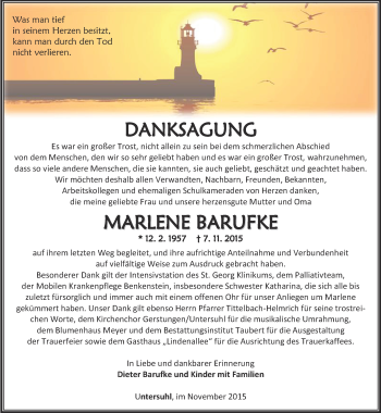 Traueranzeige von Marlene Barufke von Thüringer Allgemeine, Thüringische Landeszeitung