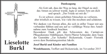 Traueranzeige von Liselotte Burkl von Thüringer Allgemeine, Thüringische Landeszeitung