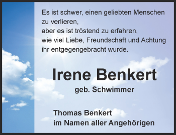 Traueranzeige von Irene Benkert von Thüringer Allgemeine, Thüringische Landeszeitung