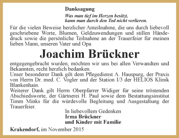 Traueranzeige von Joachim Brückner von Thüringer Allgemeine, Thüringische Landeszeitung