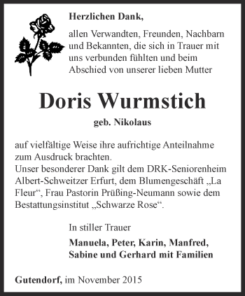 Traueranzeige von Doris Wurmstich von Thüringer Allgemeine, Thüringische Landeszeitung