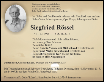 Traueranzeige von Siegfried Rössel von Thüringer Allgemeine