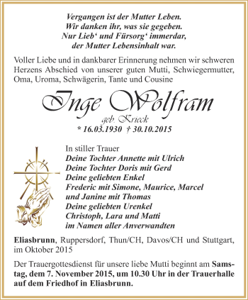 Traueranzeige von Inge Wolfram von Ostthüringer Zeitung
