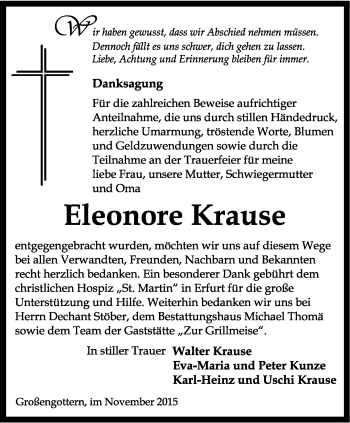 Traueranzeige von Eleonore Krause von Thüringer Allgemeine, Thüringische Landeszeitung