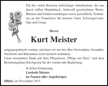 Traueranzeige von Kurt Meister von Ostthüringer Zeitung