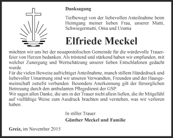 Traueranzeige von Elfriede Meckel von Ostthüringer Zeitung