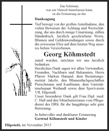 Traueranzeige von Georg Köhmstedt von Thüringer Allgemeine, Thüringische Landeszeitung