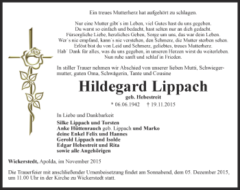 Traueranzeige von Hildegard Lippach von Thüringer Allgemeine, Thüringische Landeszeitung