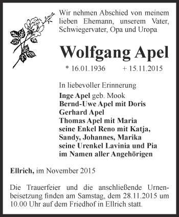 Traueranzeige von Wolfgang Apel von Thüringer Allgemeine