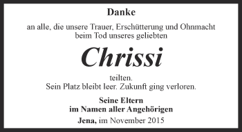Traueranzeige von Christopher Engelhardt von Ostthüringer Zeitung, Thüringische Landeszeitung
