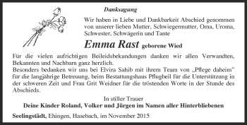 Traueranzeige von Emma Rast von Ostthüringer Zeitung