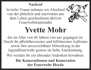 Traueranzeige von Yvette Mohr von Thüringer Allgemeine