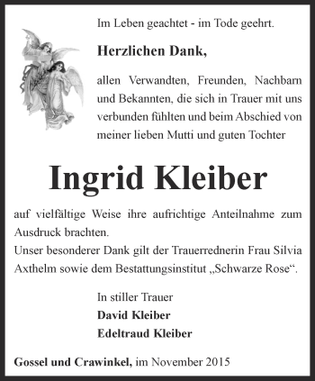 Traueranzeige von Ingrid Kleiber von Thüringer Allgemeine