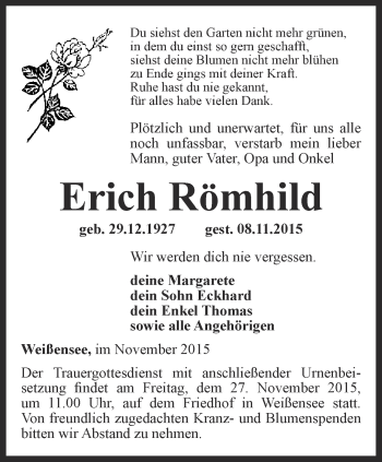 Traueranzeige von Erich Römhild von Thüringer Allgemeine