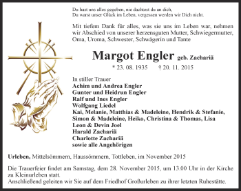 Traueranzeige von Margot Engler von Thüringer Allgemeine, Thüringische Landeszeitung