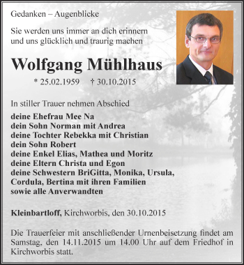 Traueranzeige von Wolfgang Mühlhaus von Thüringer Allgemeine